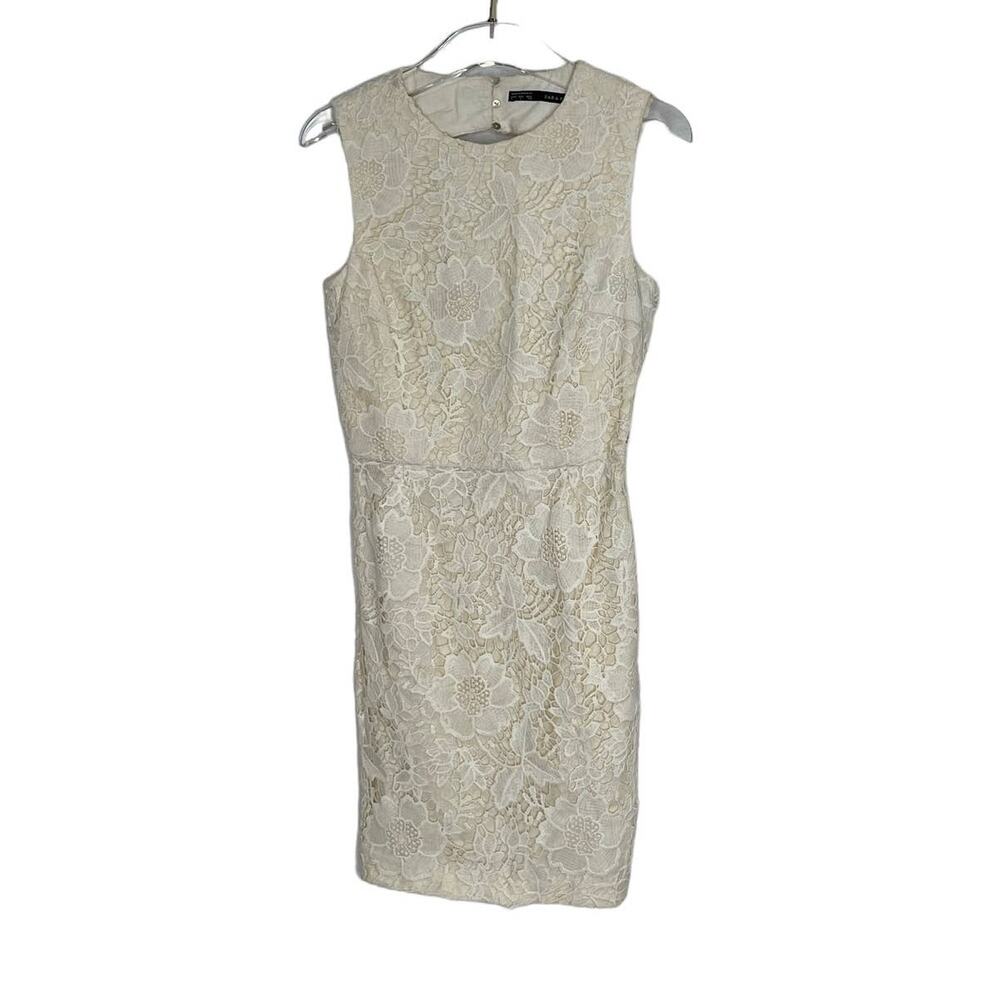 NWT Zara Cotton Cream Floral Lace Open Back Lined Dress SMALL